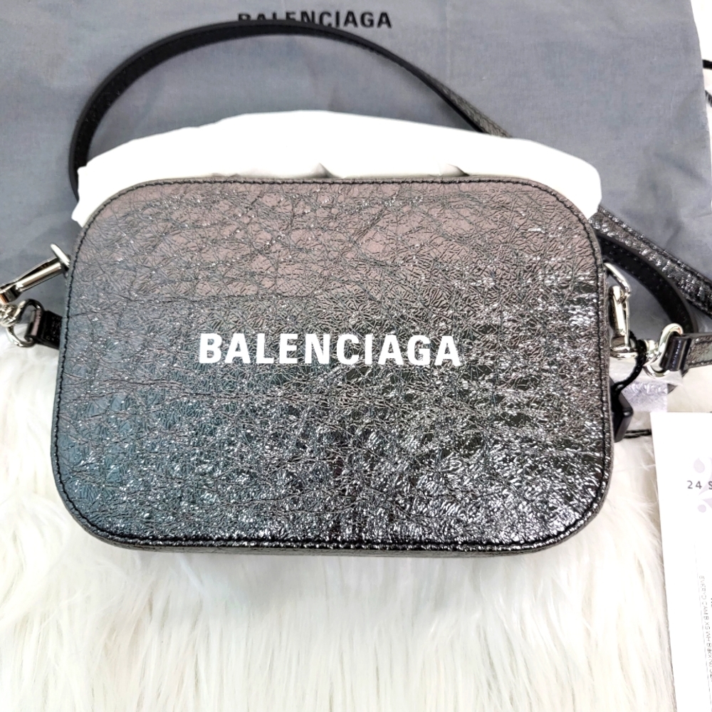 LIKE NEW BALENCIAGA AUTHENTIC Metallic Camera Leather Crossbody Bag Purse XS
